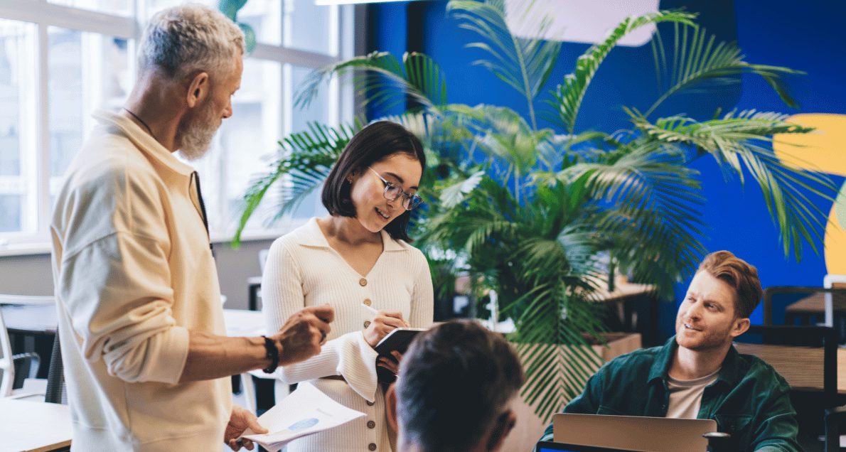 Employees working on an employee survey project at the office